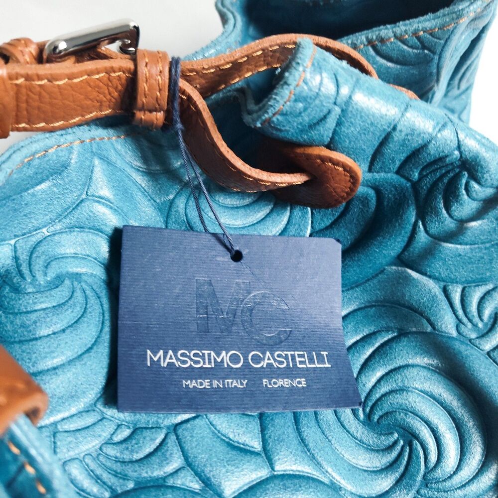 New Massimo Castelli Shoulder Bag Rose Textured Leather Convertible Teal Tan Bag - Picture 14 of 14